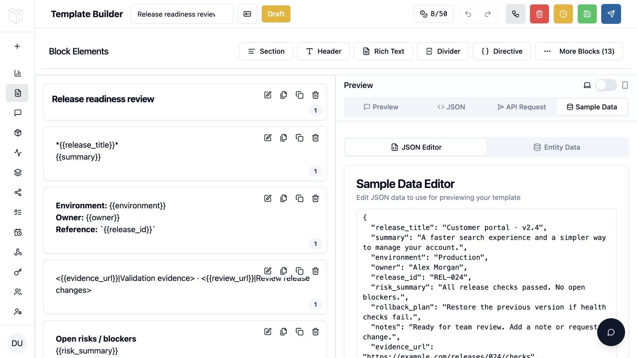 Current LithoBlocks editor with template placeholders beside synthetic release data in the sample-data editor.