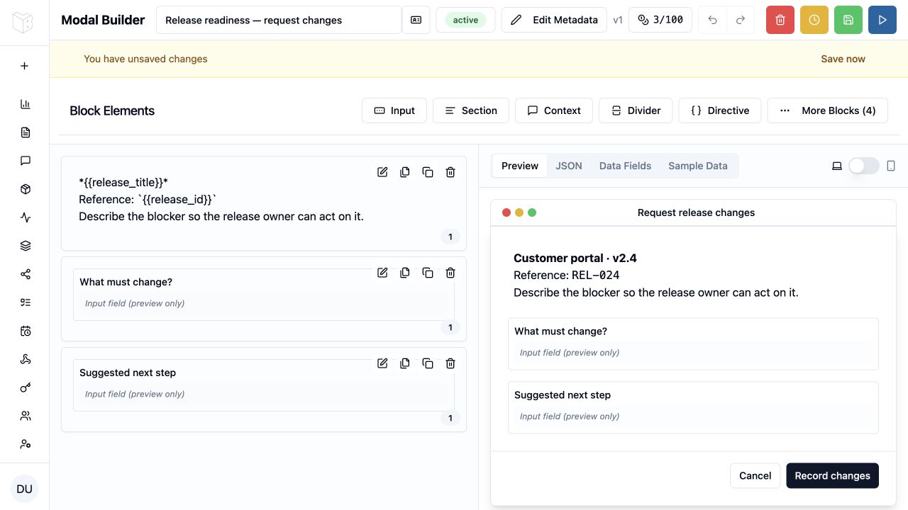 Current LithoBlocks Modal Builder showing a release-change form and its preview with synthetic Customer portal v2.4 data.